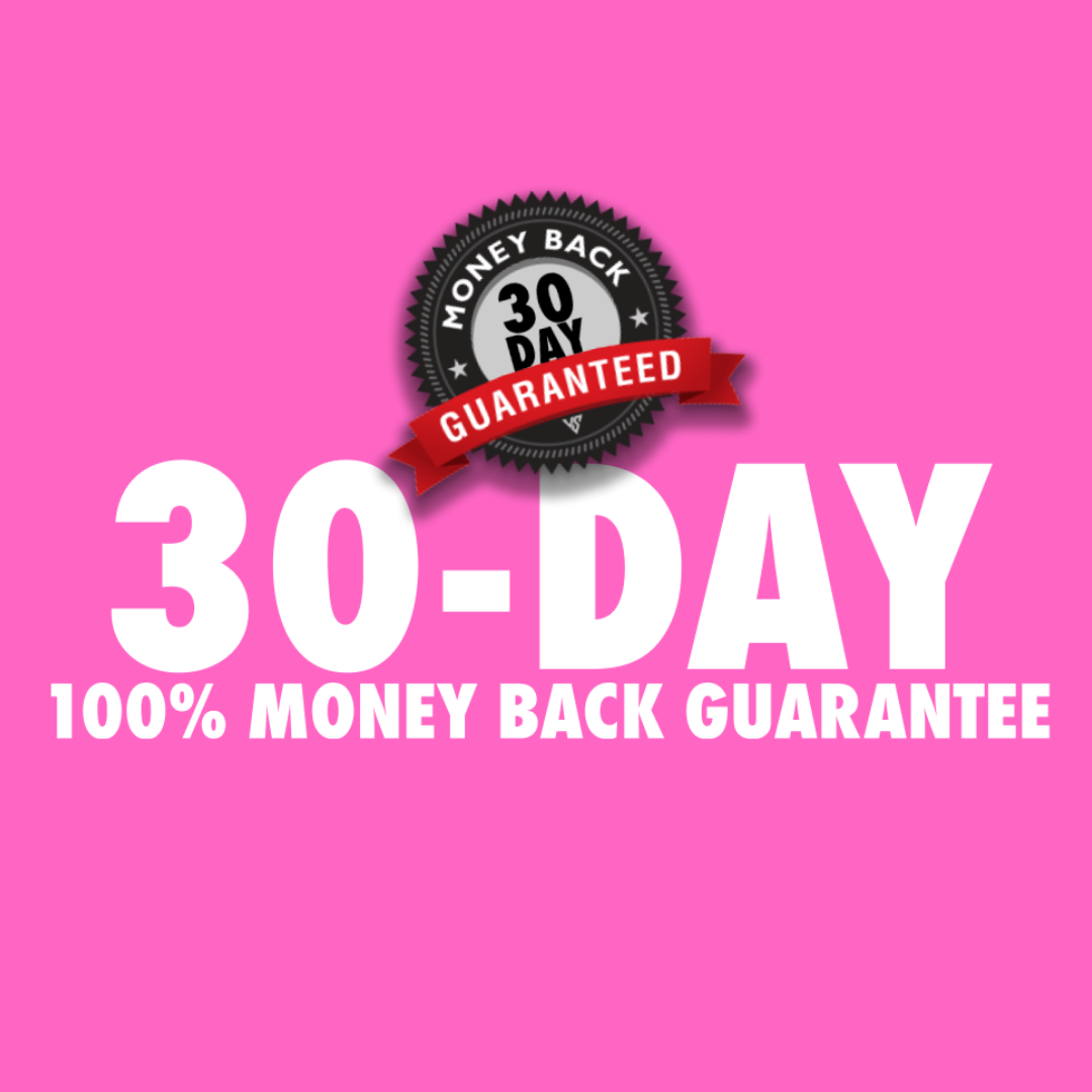 Pink background with '30-day money back guarantee' text and seal.
